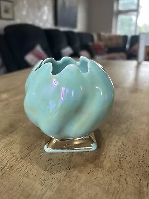 Buy Vintage Art Deco Aqua Iridescent Lustre Ceramic Swirl Globe Vase Water Lily • 14.99£