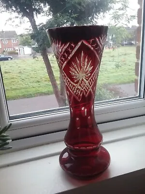 Buy Vintage Deep Ruby Red Cut To Clear 28.5cms Vase Bohemian? • 35£