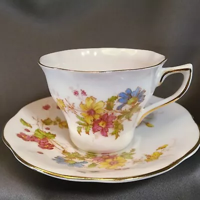 Buy Rosina Tea Cup Saucer Set Pink Blue And Yellow Flowers Scalloped With Gold Trim • 11.57£