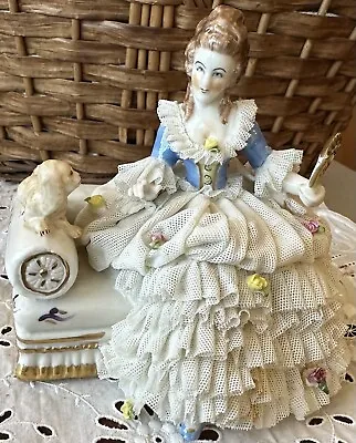 Buy Antique 6” Dresden Porcelain Figurine Fancy Lady Sitting Fine Lace Marked • 138.10£