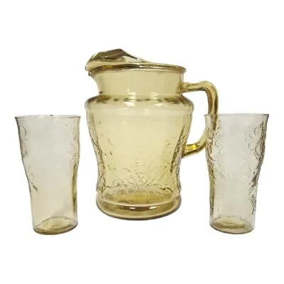 Buy 1930s Federal Glass Madrid Amber Depression Glass 80oz Pitcher & Glasses Set • 43.63£