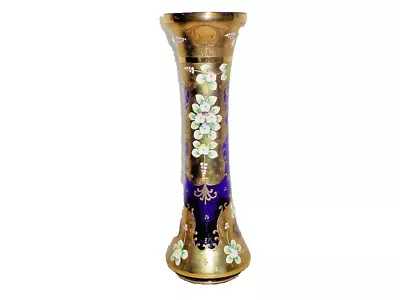 Buy Vintage Bohemian Cobalt Glass Vase W/ High Relief Floral Enamel Design Gold Trim • 134.50£