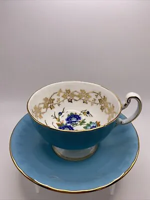 Buy AYNSLEY England Turquoise Blue Flowers Gold Gilt Tea Cup & Saucer MINT~RARE • 80.64£
