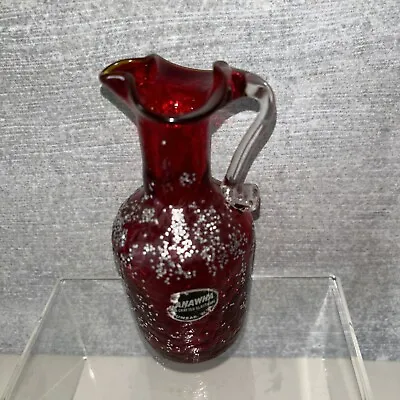 Buy Vintage Kanawha Ruby Crackle Glass Applied Clear Handle Pitcher Vase 5”. Heavy • 15.40£