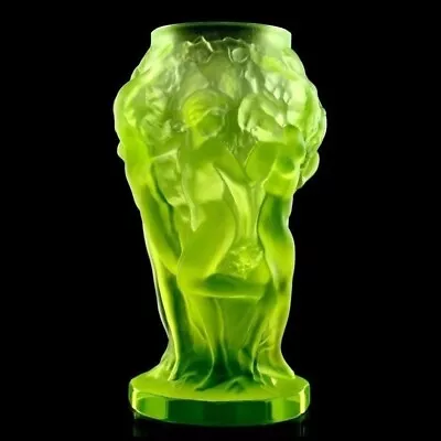 Buy Glamorous Art Deco Vaseline Uranium Glass Vase 1930' H.Hoffmann By Lalique • 90.07£
