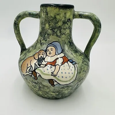 Buy Teplitz Stellmacher Vase Dog Austrian Amphora Painting Vintage Pottery Girl • 84.40£