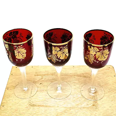 Buy Bohemia Czech Crystal Ruby Red Wine Glass Set Of 3 RARE Vintage Gold Trim • 31.61£