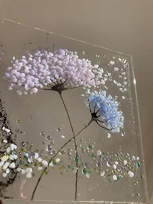 Buy Whimsical Handmade Fused Glass Art Lilac And Blue Flower Picture & Oak Stand • 24.99£