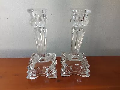 Buy Vintage Ernst Buder Germany Pair Clear Pressed Glass Candle Holders 14cm Tall • 10£