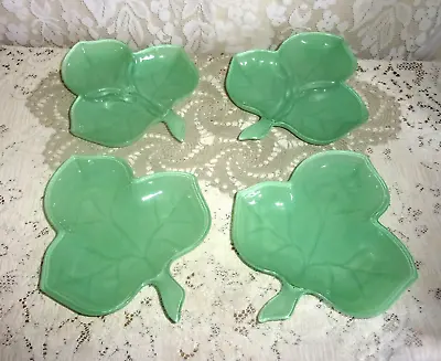 Buy FOUR 1940's Hazel Atlas Frosted Jadeite Green Glass Divided Tri-Leaf Dishes • 34.96£