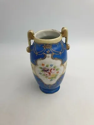 Buy Antique Nippon Kinjo China Handled Vase Hand Painted Floral Gold Detail Blue Cre • 26.99£
