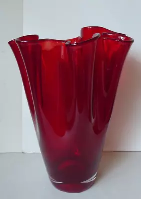 Buy Vintage Ruby Red Hand Blown Cased Art Glass Handkerchief Vase • 35£
