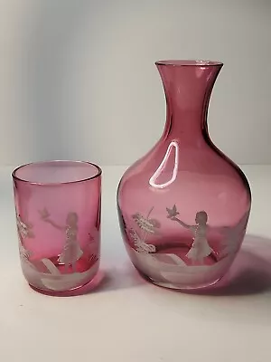 Buy Fenton Mary Gregory Cranberry Glass Carafe And Tumbler Girl Bird • 93.87£