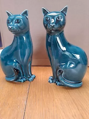 Buy Vintage Pair Of Poole Pottery Cats Blue Glaze • 7£