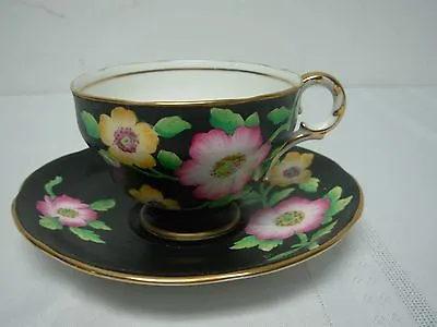 Buy VINTAGE ADDERLEY BLACK TEA CUP & SAUCER With FLOWERS • 23.75£