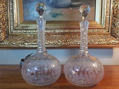 Buy Two Antique Hand Etched With Leaves Wine Or Liquer Decanters & Drip Catcher • 40£