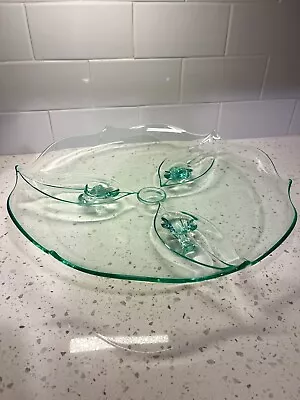 Buy Vintage Lancaster Depression Glass Aqua Green Tri Footed Serving Plate UV Glow! • 27.63£
