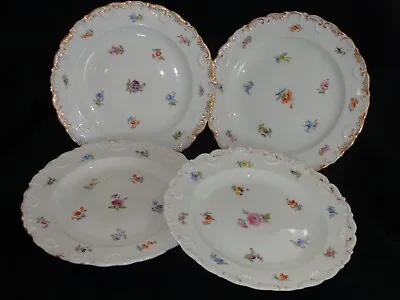 Buy 4 Antique Meissen Porcelain SCATTERED FLOWERS Plates W/ Embossed Border • 146.81£