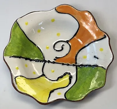 Buy Vintage Art Pottery Abstract Dish Redware Signed KAREN Glaze Orange Yellow Green • 17.89£