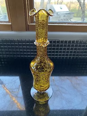 Buy VINTAGE UNIQUE Amber Crackle Art Glass Footed Vase W/Applied Rigaree 11.5 H • 61.75£