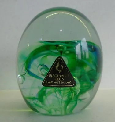 Buy Vintage 70s-80s ISLE OF WIGHT GLASS Green Swirl Oval Paperweight 68mm LABEL MARK • 17.99£