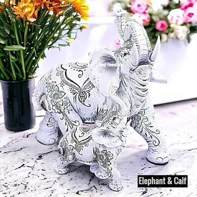 Buy Henna Happiness Elephant And Calf Figurine Ornament Jumbo Baby Sculpture Home • 18.90£