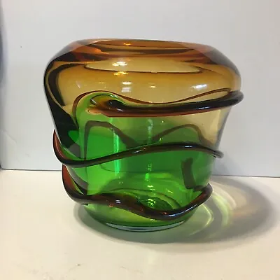 Buy Murano Art Glass Vase Bowl  Amber Green Red Applied Ribbon Vintage Flavio Poli? • 43.43£