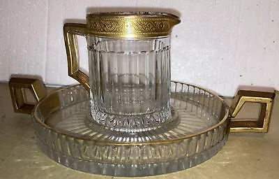 Buy Antique 1916 Heisey Crystal Glass Narrow Flute Sugar Cube Tray Creamer Set Gold • 75.90£