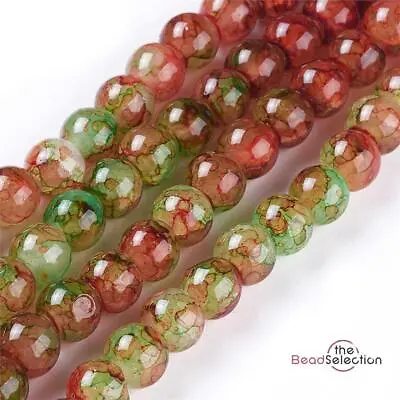Buy 100 CRACKLE MARBLED DRAWBENCH ROUND GLASS BEADS 8mm RED GREEN XMAS CM2 • 3.19£