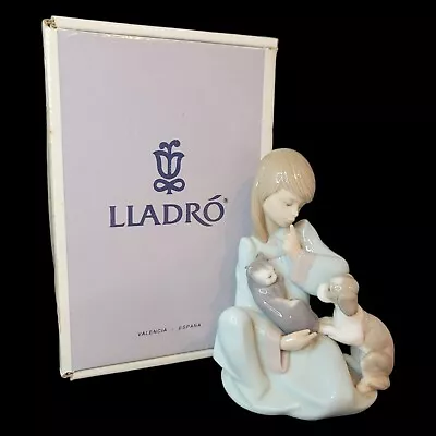 Buy Lladro Figurine #5640 Cat Nap Girl Holding Sleeping Cat With Dog With Box • 170.69£
