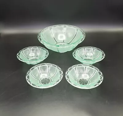 Buy Green Pressed Glass Serving Bowl 4 X Individual Bowls Satin Panels Art Deco • 12.50£