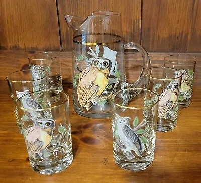 Buy Vintage 7 Piece Owl Glasses And Pitcher Gold Rims • 28.41£