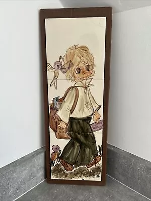 Buy 1960s Retro Kitsch Jersey Pottery Tile Plaque Picture Cute Wide Eyed Boy • 15£