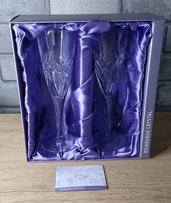 Buy 2 X Edinburgh Crystal Torrent Cut Pattern Champagne Flutes Stickers Signed Boxd • 29.99£