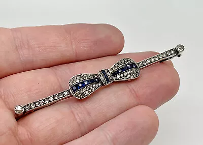 Buy Antique French Art Deco Sterling Silver Clear & Blue Paste Glass Bow Long Brooch • 64.99£
