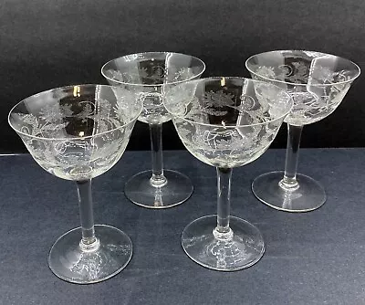 Buy Set 4 Antique CHAMPAGNE / Sherbet Glasses French Mousseline CRYSTAL Floral Motif • 114.12£