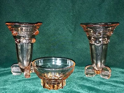 Buy Vintage German Art Deco Stolzle Pink Glass Vases With Art Deco Motifs And Tripod • 25£