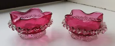 Buy Antique Victorian Cranberry Glass Pair Salt Cellars With Clear Applicaton • 35£