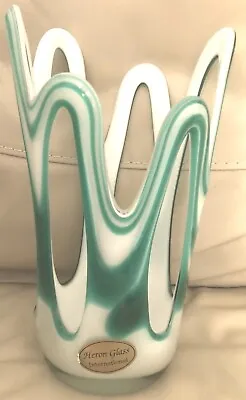 Buy Vase Heron Art Glass Green & White Sculptured Art Glass Vase. • 45£