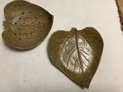Buy Signed Art Pottery, Two Leaf Dishes. Pretty Brown & Green Speckled Glaze. • 14.42£