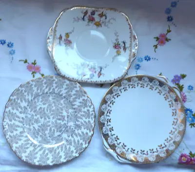 Buy 3 Vintage China Cake Plates Lovely For Easter, Gold Chintz & Floral • 12.50£