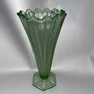 Buy Art Deco Green Glass Vase 1930s Chevron Pattern With Wavy Rim Hexagon Base • 13.99£