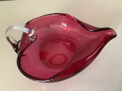 Buy Folded Rim Heart Shaped Victorian Style Cranberry Art Glass Bon Bon Dish • 11£