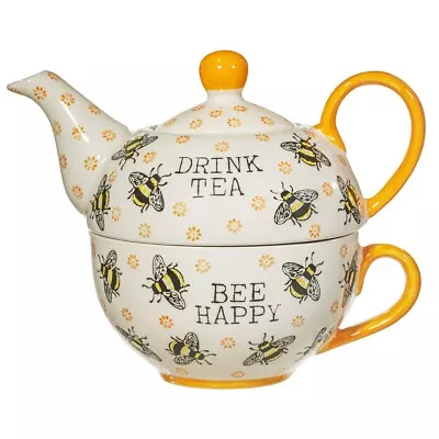 Buy Drink Tea Bee Happy Tea For One Teapot Set Cup And Saucer Hand Finished Design • 21.99£