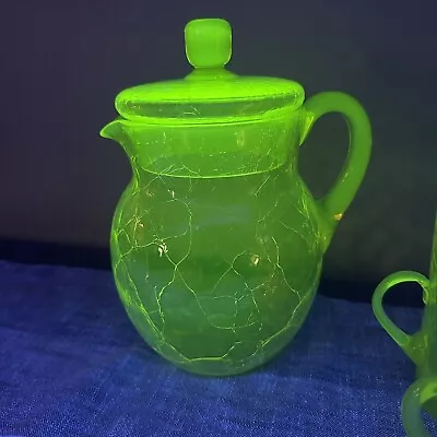 Buy FRY CRACKLE GLASS PITCHER W/8 HANDLED GLASSES (Glows) • 313.67£