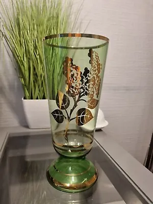 Buy Beautiful Vase Antique Bohemia Czech Green Glass Gold Gild Usable Vintage  • 22£