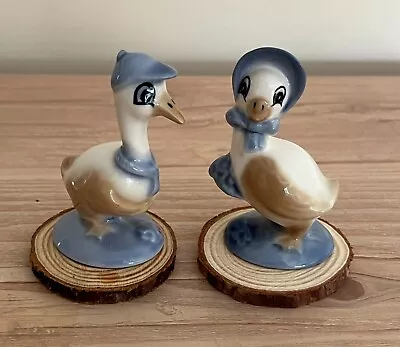Buy Szeiler Studio Pottery Pair Vintage Small Blue & Cream Ducks With Bows & Bonnets • 7.99£