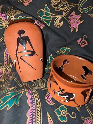 Buy Terracotta Australian Aboriginal Art Pottery X 2 Vase Candle Holder Stylised • 16£