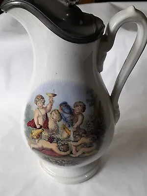 Buy 19th Century Staffordshire Pratt Ware Pewter Mounted Jug  Decorated With Putti • 38£