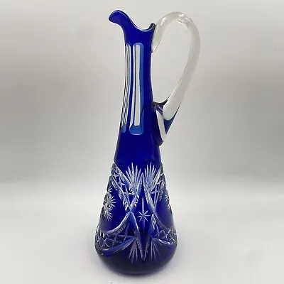 Buy Vintage Cobalt Blue Crystal Glass Pitcher Cut To Clear With Handle Beauty • 94.79£